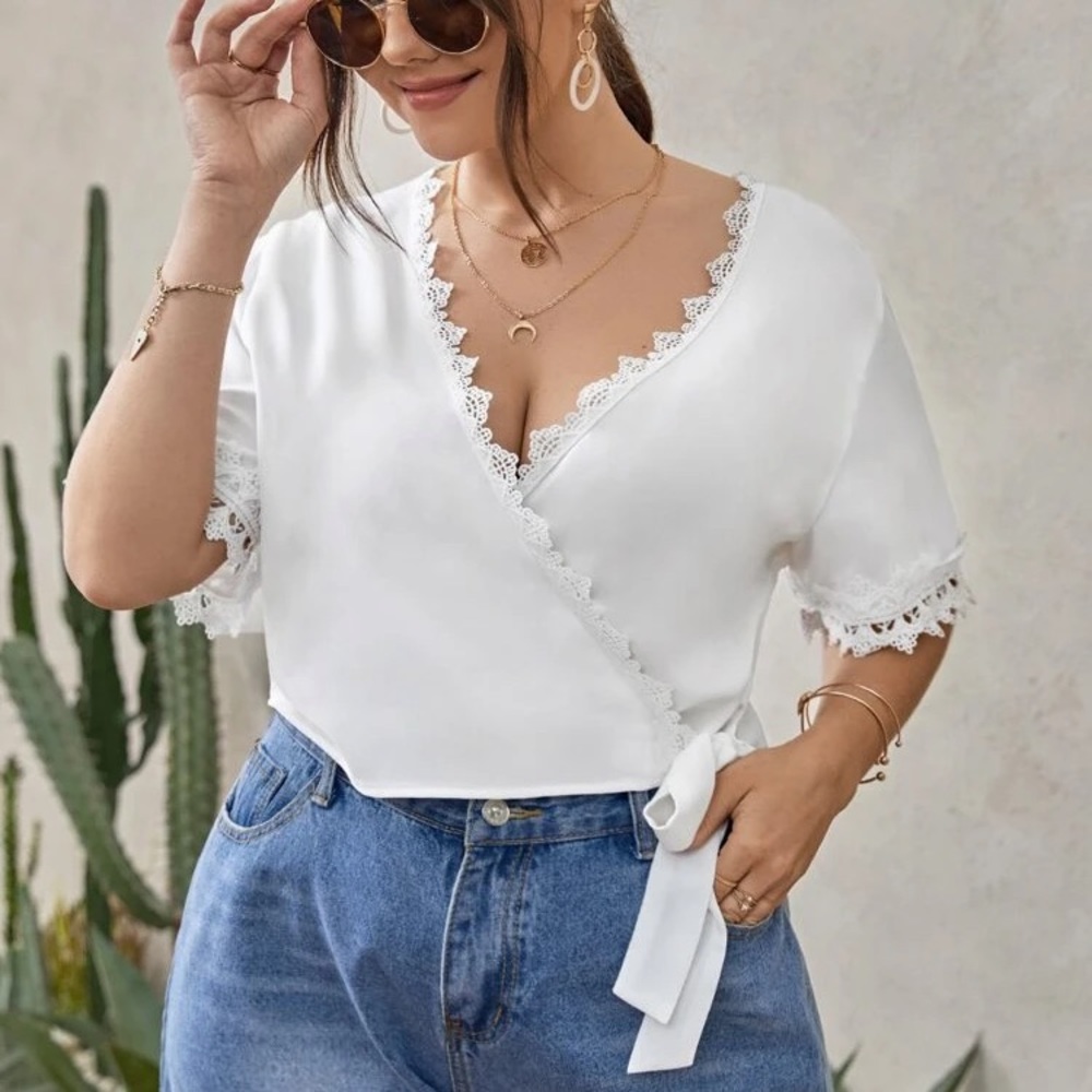 White lace edge cropped wrap top